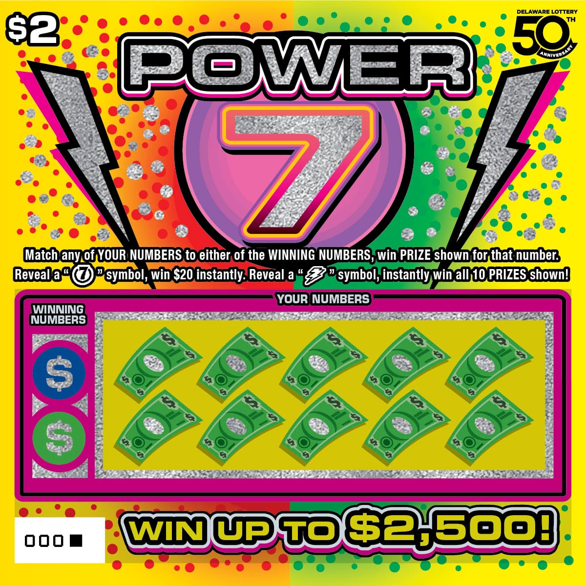 Power 7 Delaware Lottery scratch-off ticket art