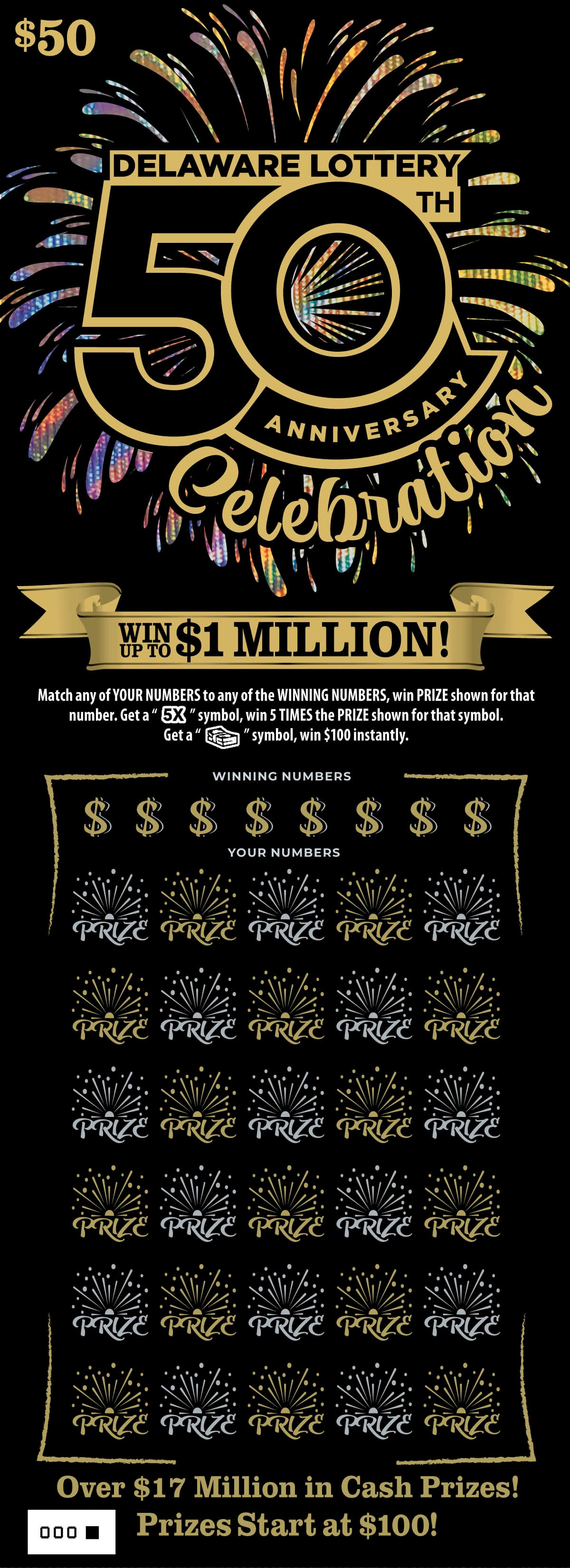 50TH ANNIVERSARY Delaware Lottery scratch-off ticket