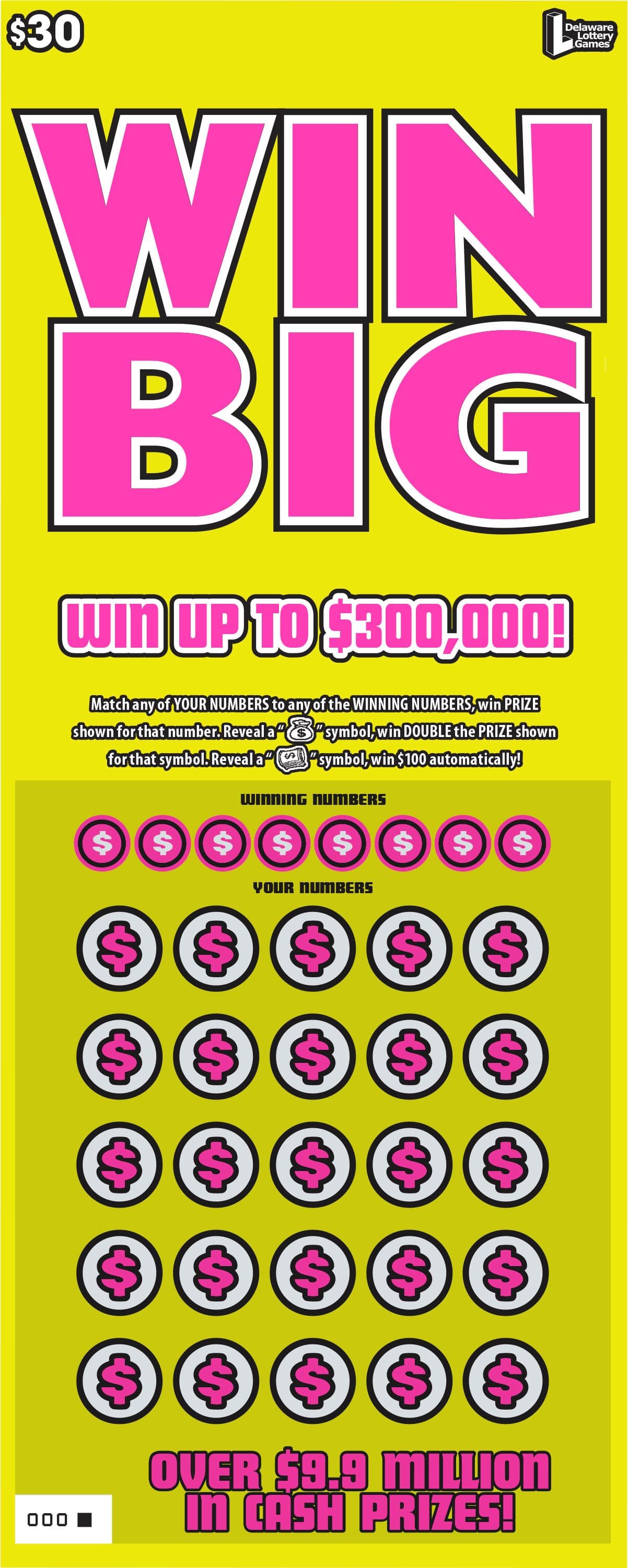 WIN BIG Delaware Lottery scratch-off ticket art