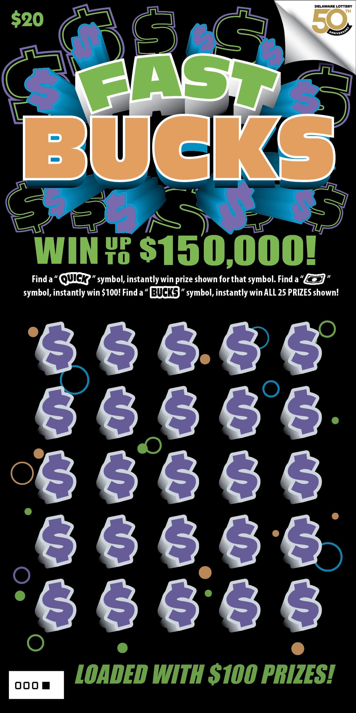 FAST BUCKS Delaware Lottery scratch-off ticket