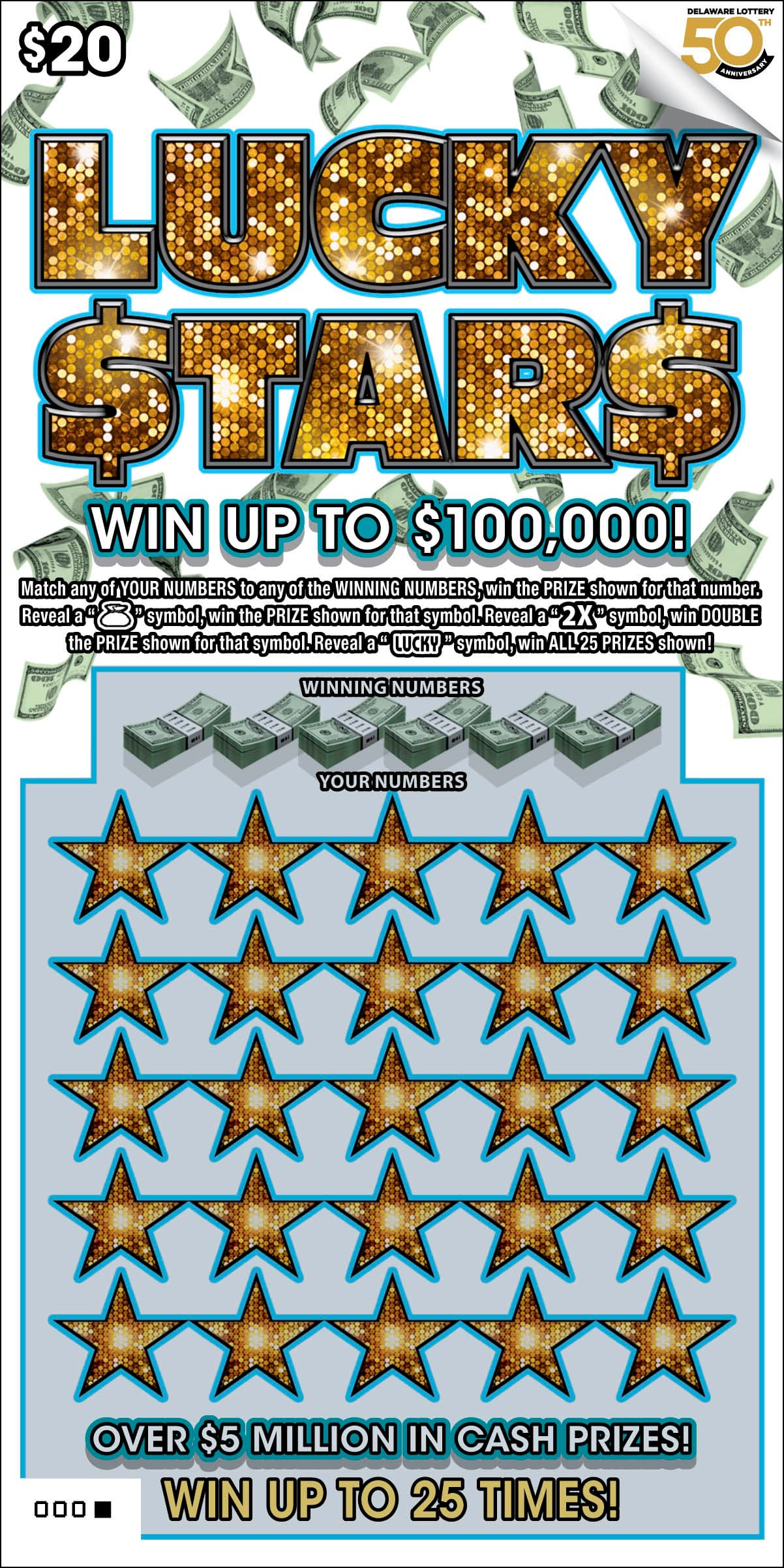 Lucky Stars Delaware Lottery scratch-off ticket