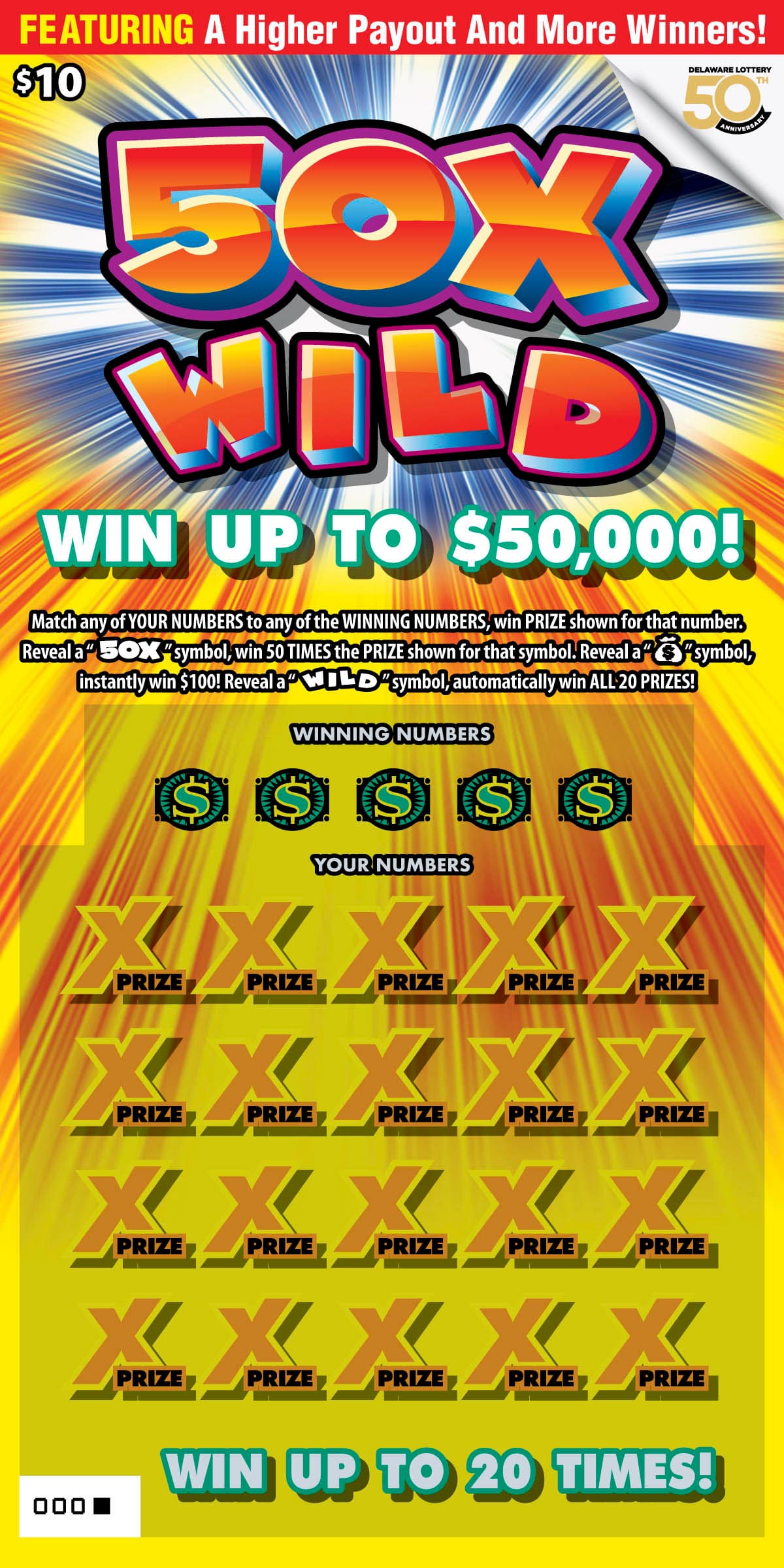 50X Wild Delaware Lottery scratch-off ticket