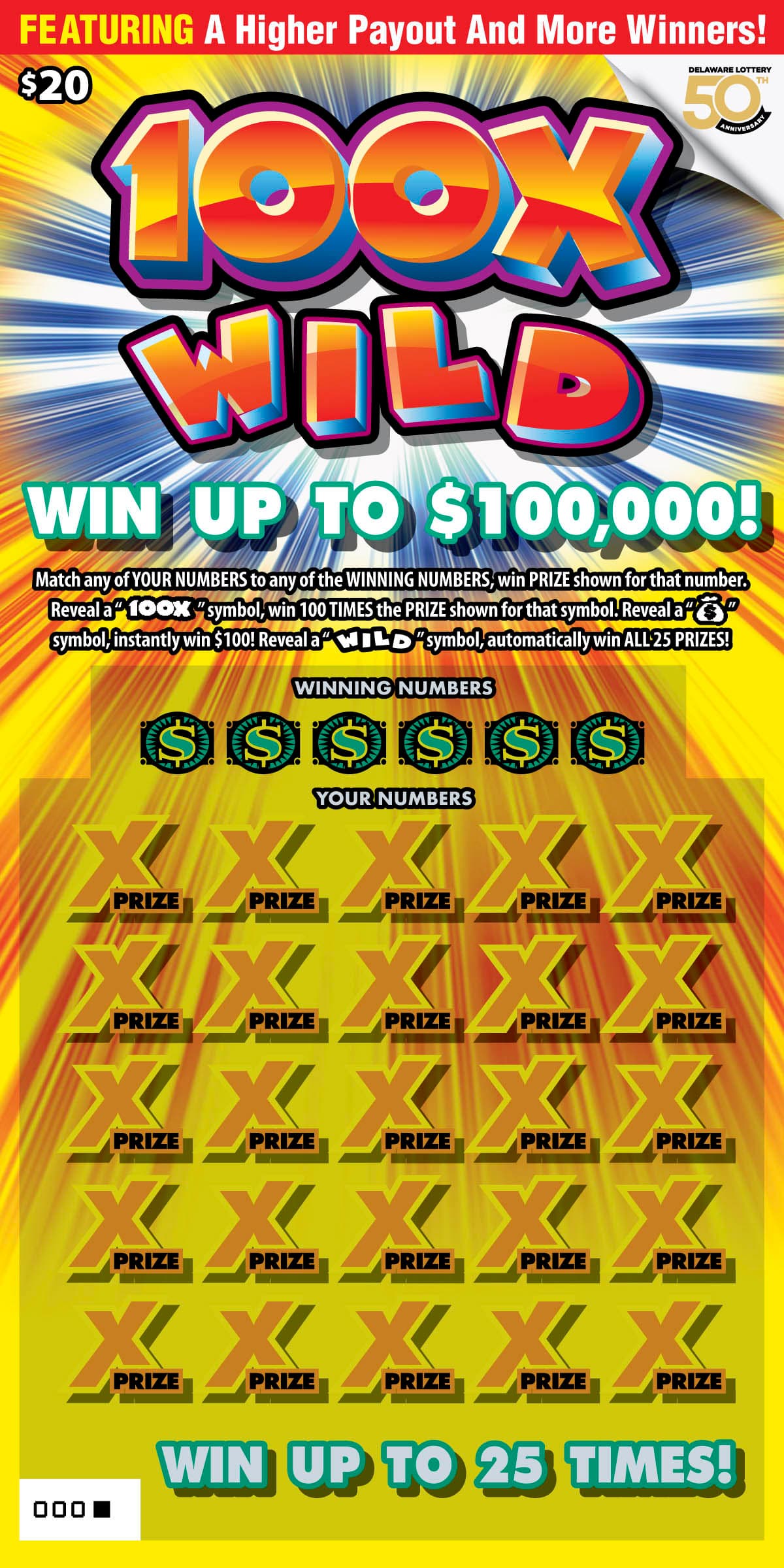 100X Wild Delaware Lottery scratch-off ticket art