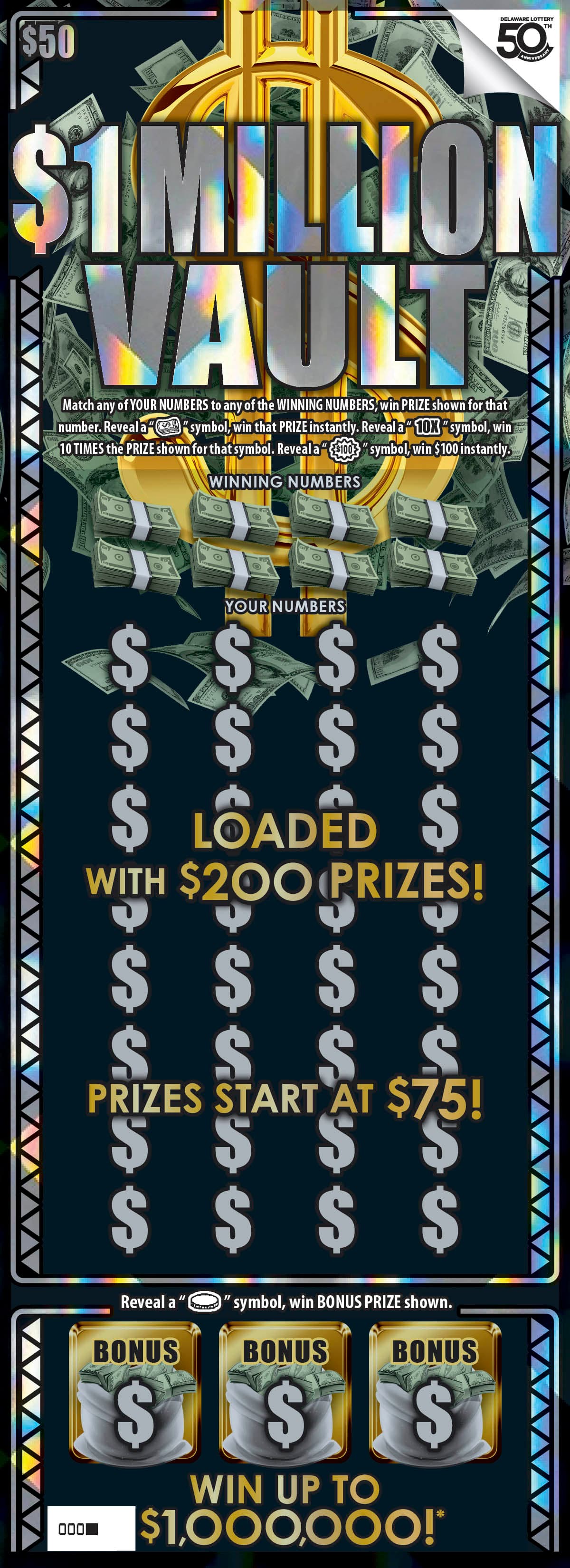 $1 MILLION VAULT Delaware Lottery scratch-off ticket art