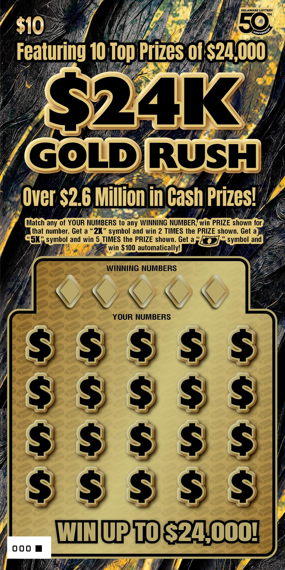 $24K GOLD RUSH Delaware Lottery scratch-off ticket
