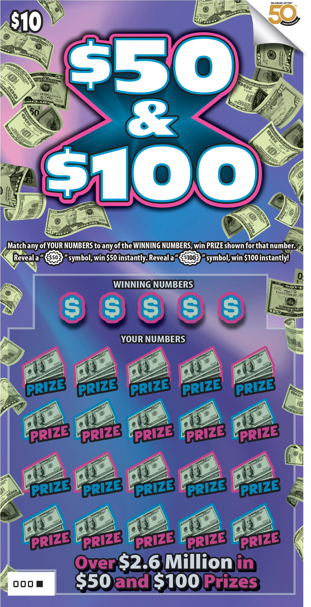$50 & $100 Delaware Lottery scratch-off ticket art