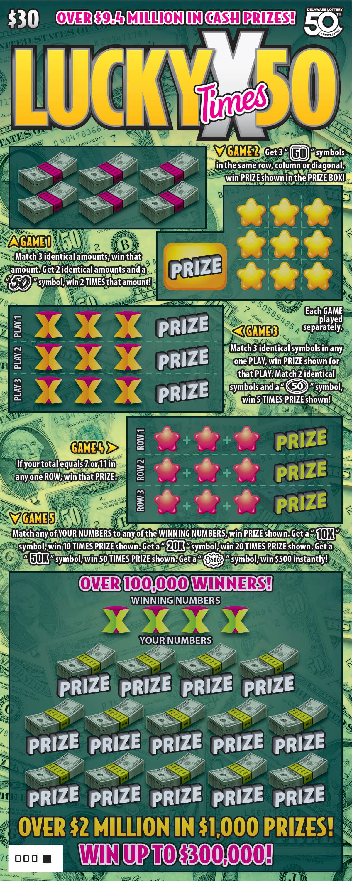 Lucky Times 50 Delaware Lottery scratch-off ticket