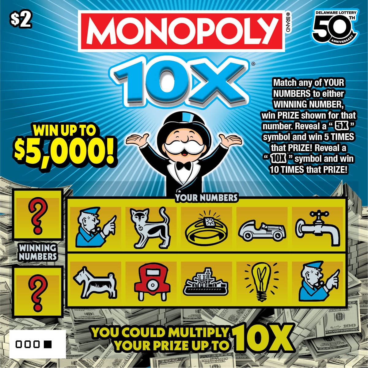 MONOPOLY 10X Delaware Lottery scratch-off ticket art