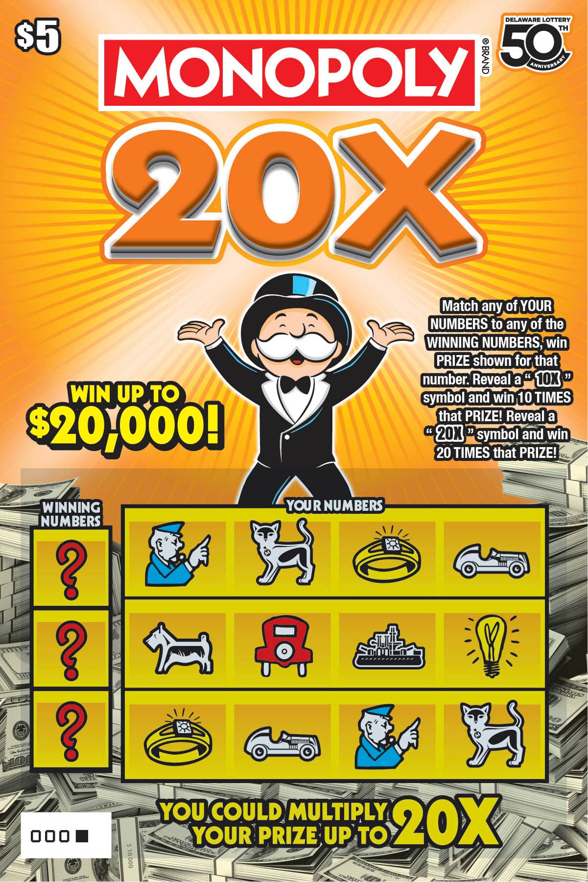 MONOPOLY 20X Delaware Lottery scratch-off ticket