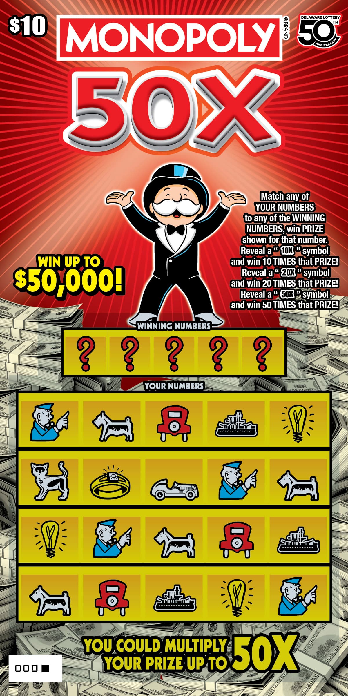 MONOPOLY 50X Delaware Lottery scratch-off ticket
