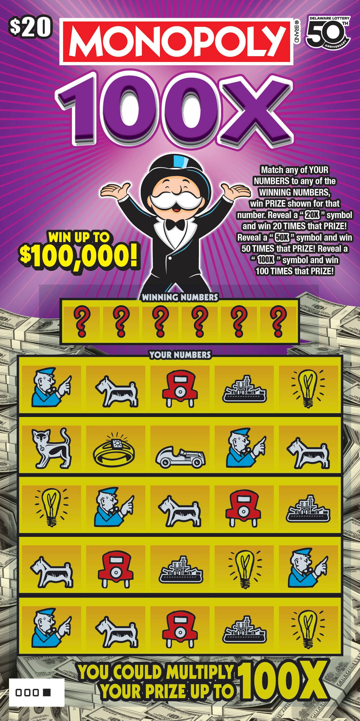 MONOPOLY 100X Delaware Lottery scratch-off ticket