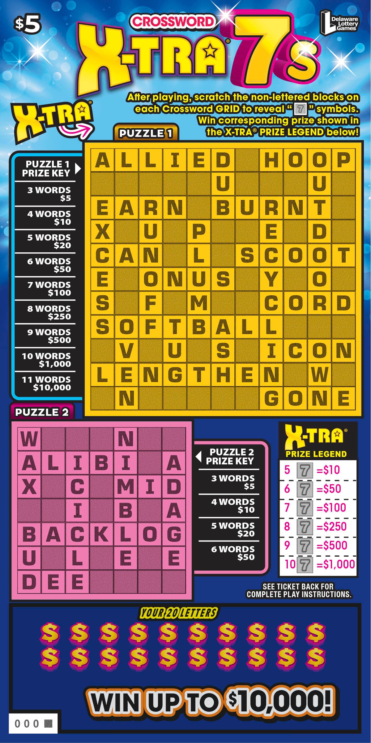 CROSSWORD X-TRA 7S Delaware Lottery scratch-off ticket