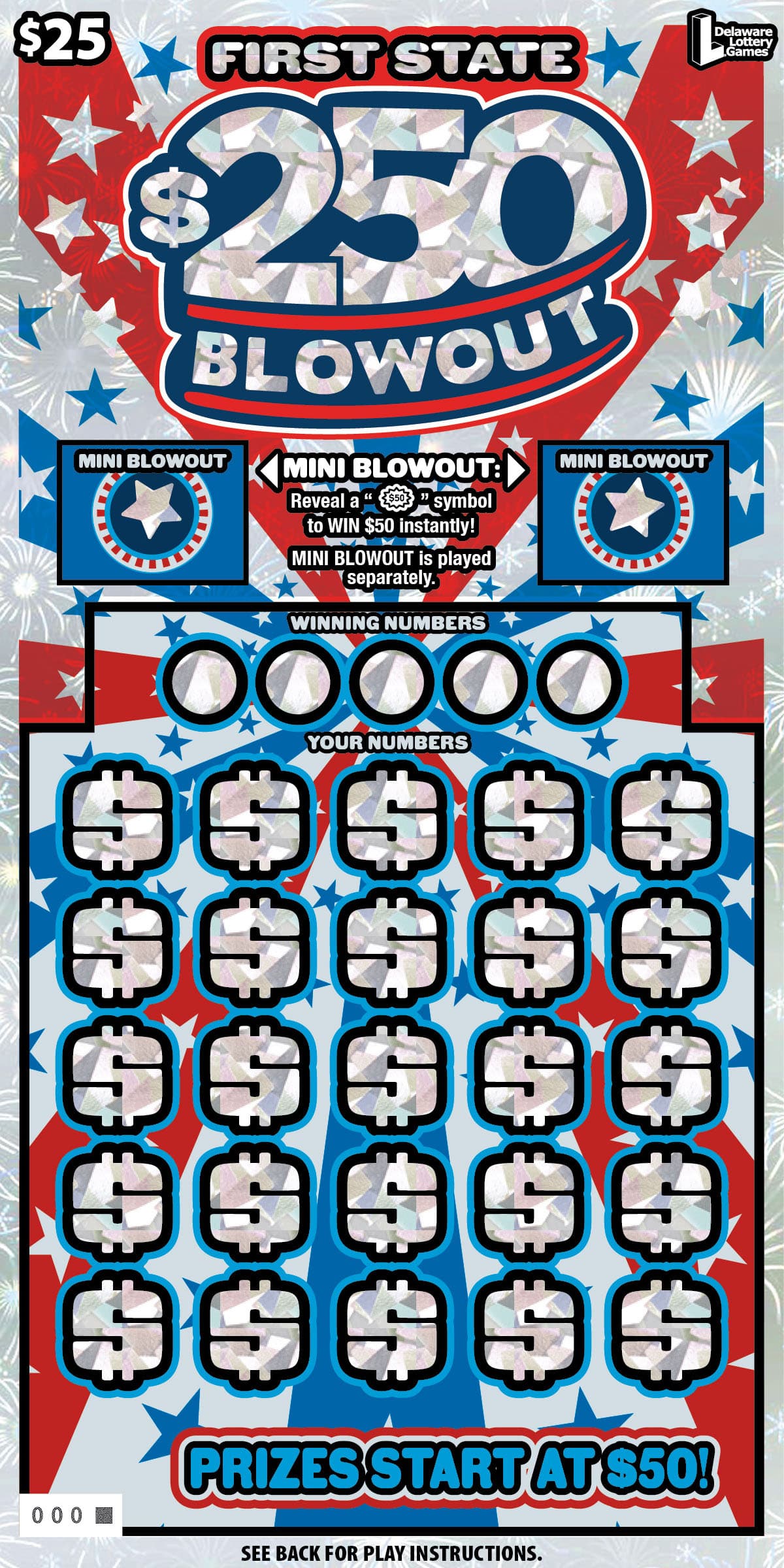FIRST STATE $250 BLOWOUT Delaware Lottery scratch-off ticket art
