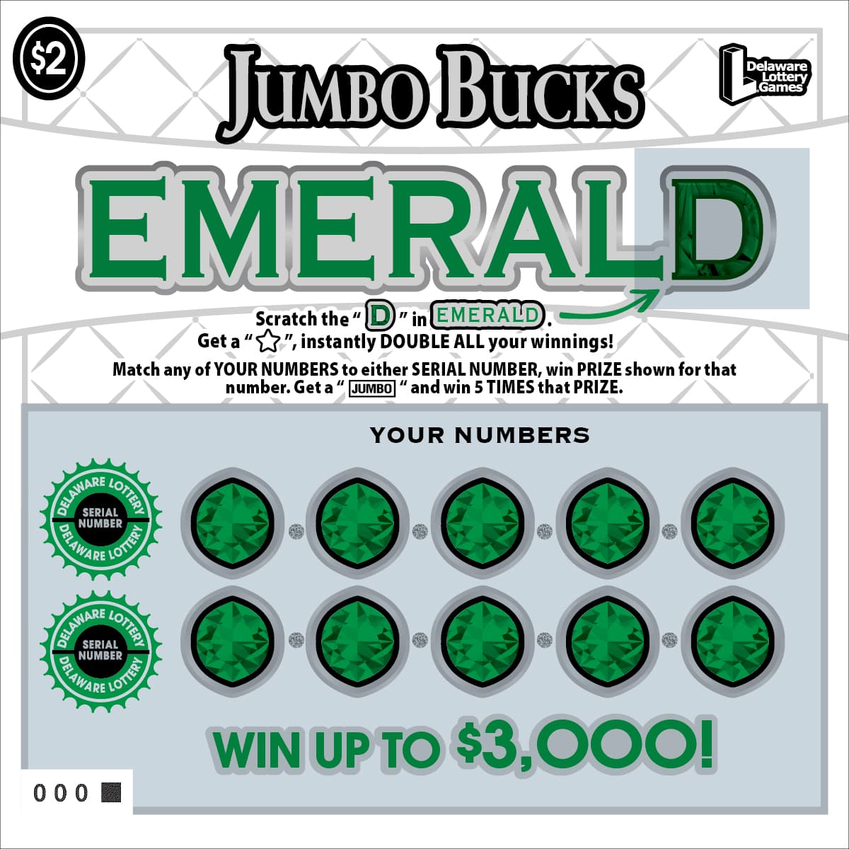 Jumbo Bucks Emerald Delaware Lottery scratch-off ticket art