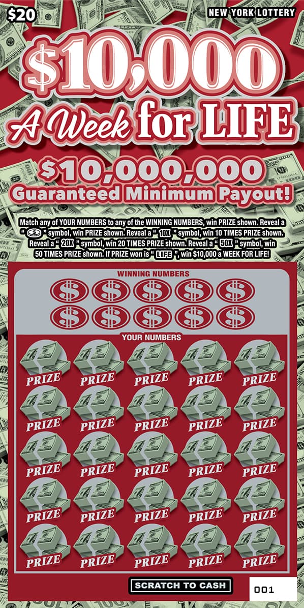 $10,000 A WEEK FOR LIFE New York Lottery scratch-off ticket art
