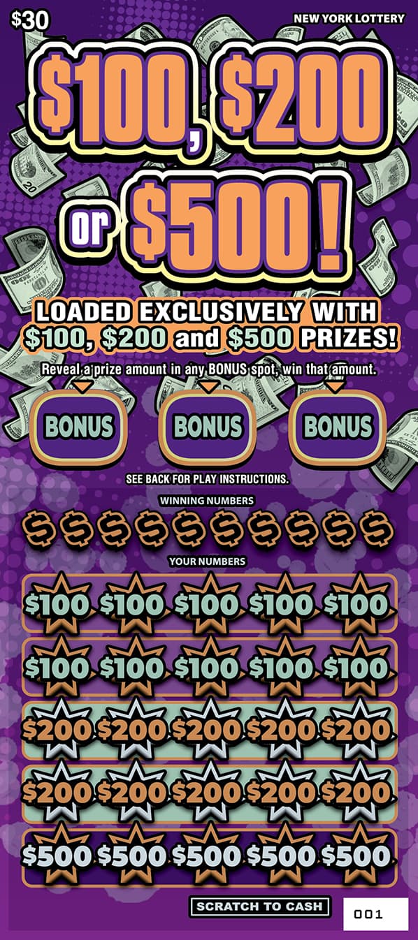 $100, $200 0R $500 New York Lottery scratch-off ticket