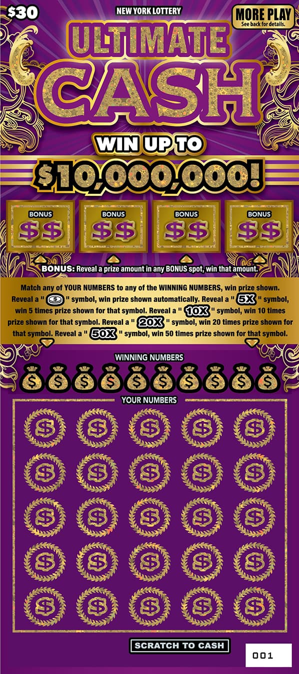 ULTIMATE CASH New York Lottery scratch-off ticket art