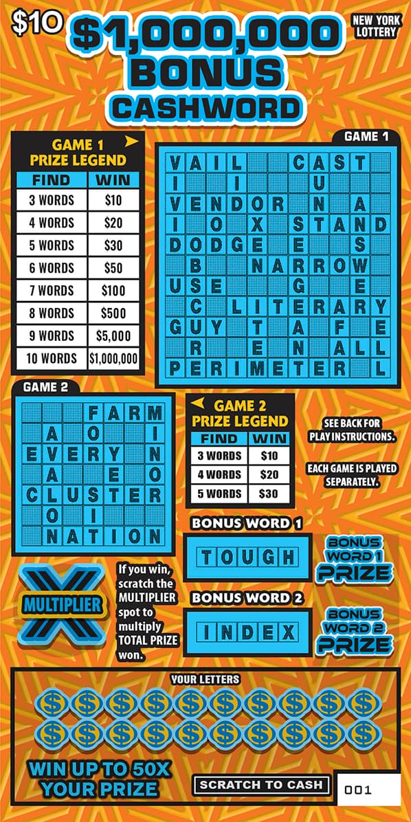 $1,000,000 BONUS CASHWORD New York Lottery scratch-off ticket art