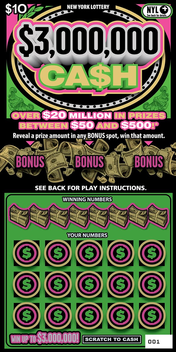 $3,000,000 CA$H New York Lottery scratch-off ticket art