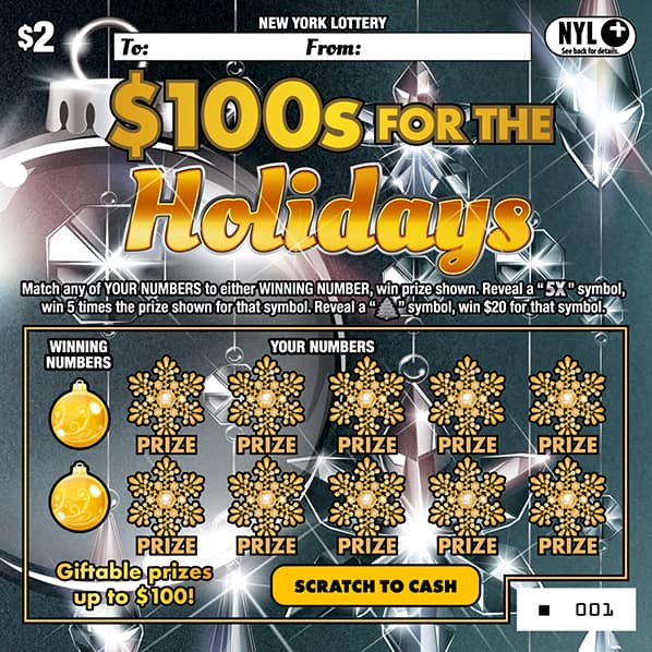 $100s FOR THE HOLIDAYS New York Lottery scratch-off ticket art