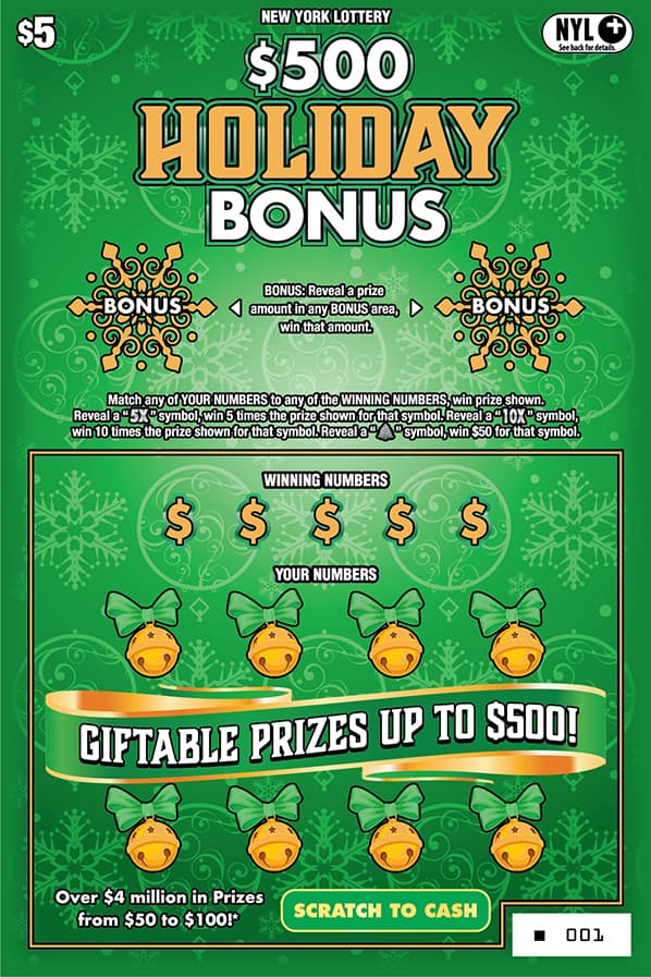 $500 HOLIDAY BONUS New York Lottery scratch-off ticket art