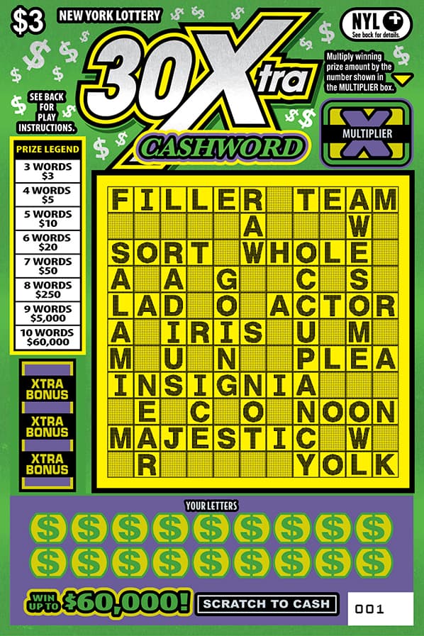 30Xtra CASHWORD New York Lottery scratch-off ticket art