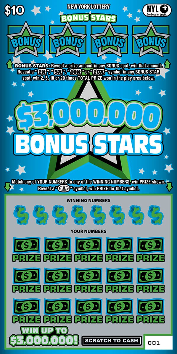 $3,000,000 BONUS STARS New York Lottery scratch-off ticket art