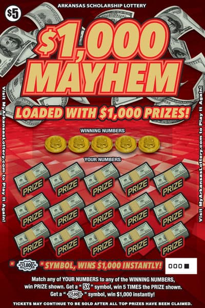 $1,000 Mayhem Arkansas Lottery scratch-off ticket art