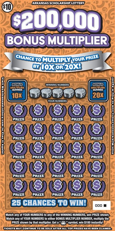 $200,000 Bonus Multiplier Arkansas Lottery scratch-off ticket