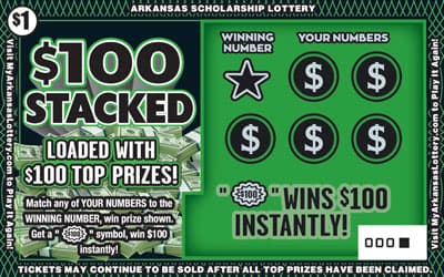 $100 Stacked Arkansas Lottery scratch-off ticket art