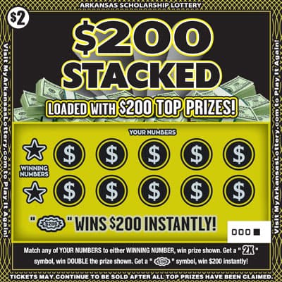 $200 Stacked Arkansas Lottery scratch-off ticket art