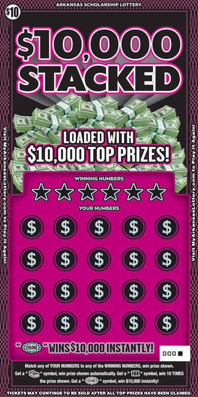 $10,000 Stacked Arkansas Lottery scratch-off ticket art