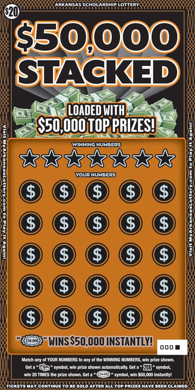 $50,000 Stacked Arkansas Lottery scratch-off ticket