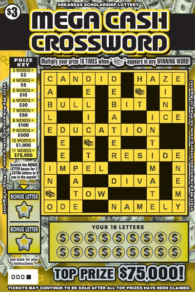 Mega Cash Crossword Arkansas Lottery scratch-off ticket art