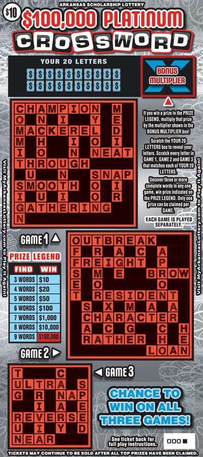 $100,000 Platinum Crossword Arkansas Lottery scratch-off ticket art