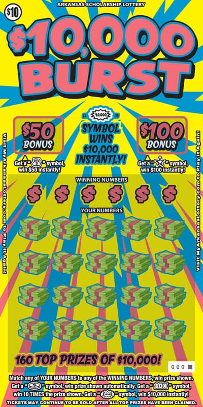 $10,000 Burst Arkansas Lottery scratch-off ticket
