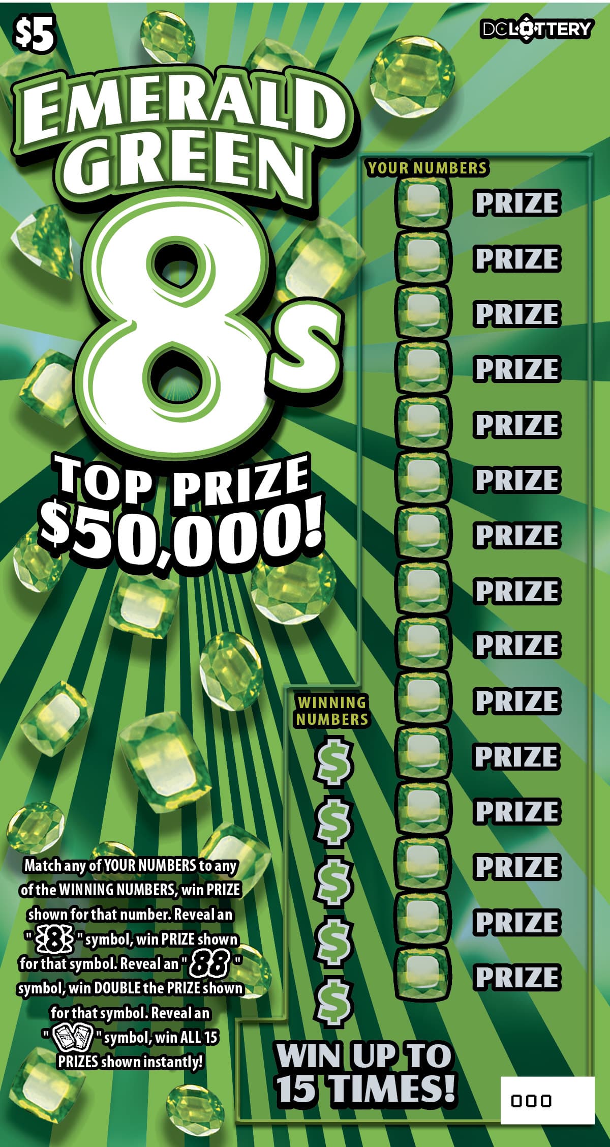 Emerald Green 8s District of Columbia Lottery scratch-off ticket art