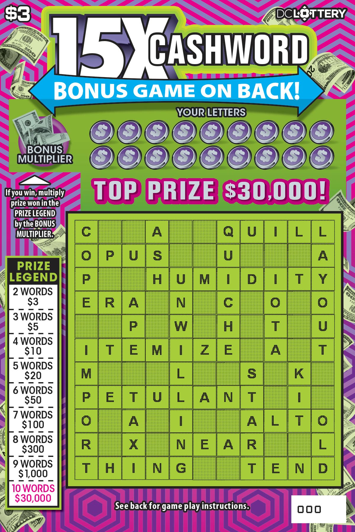 15X Cashword District of Columbia Lottery scratch-off ticket art