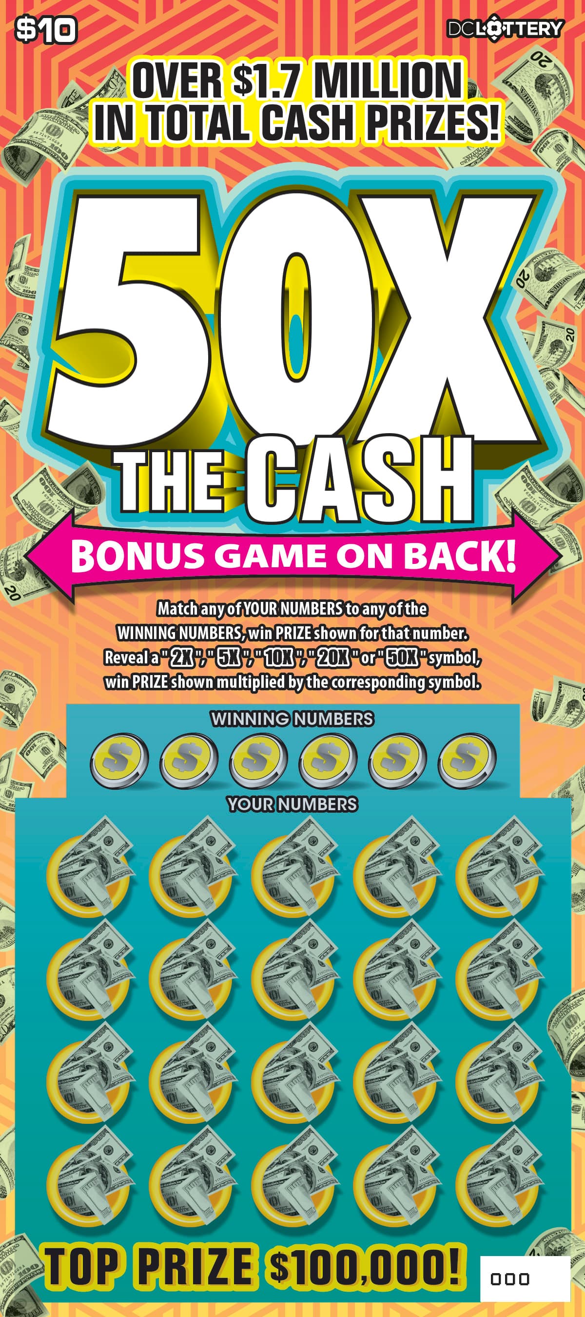50X the Cash District of Columbia Lottery scratch-off ticket