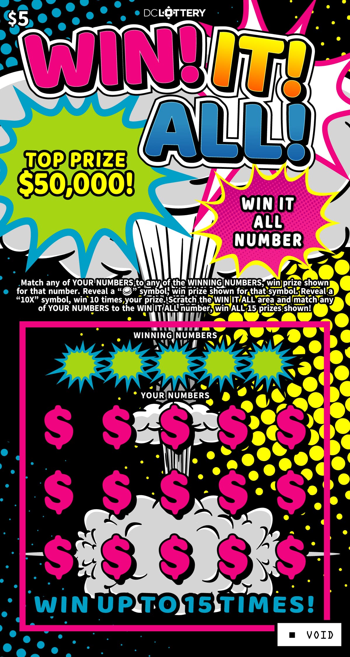 Win! It! All! District of Columbia Lottery scratch-off ticket art