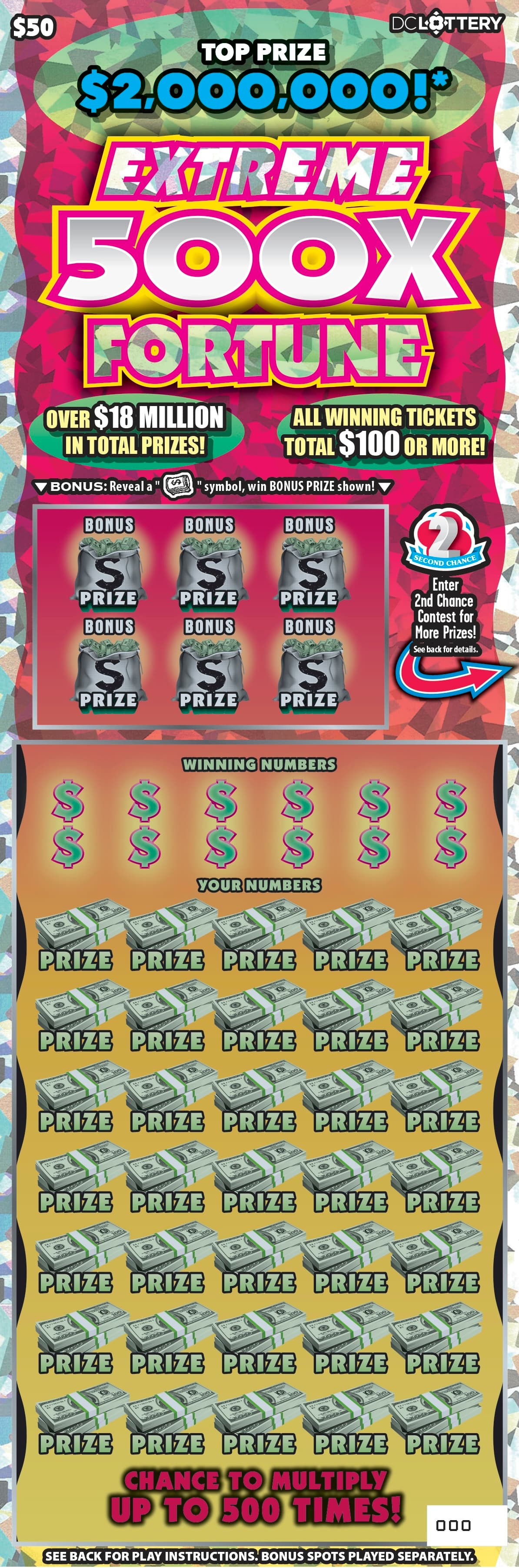 Extreme 500X Fortune District of Columbia Lottery scratch-off ticket art