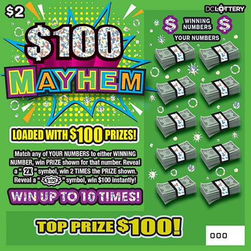 $100 MAYHEM District of Columbia Lottery scratch-off ticket art