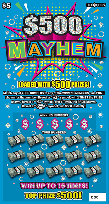 $500 MAYHEM District of Columbia Lottery scratch-off ticket