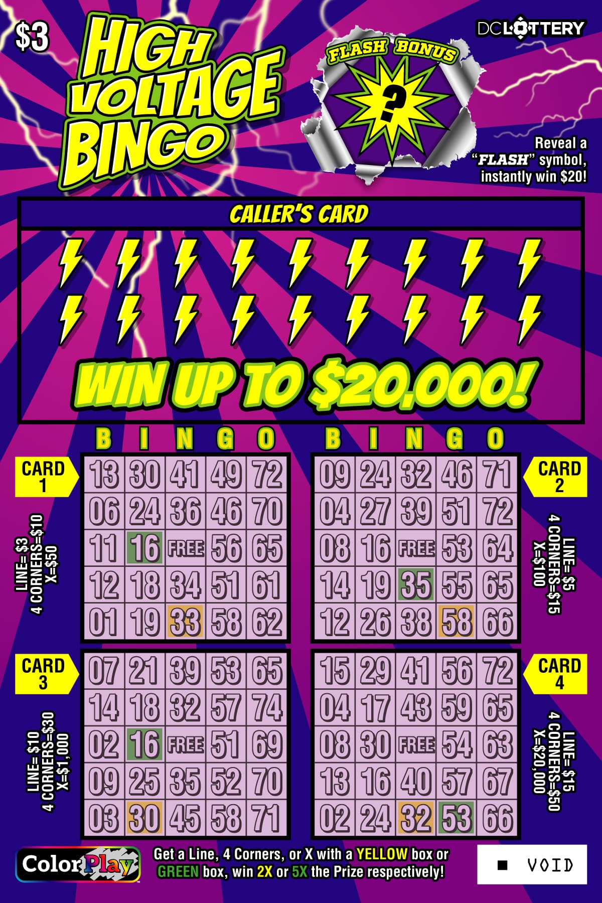 High Voltage Bingo District of Columbia Lottery scratch-off ticket art