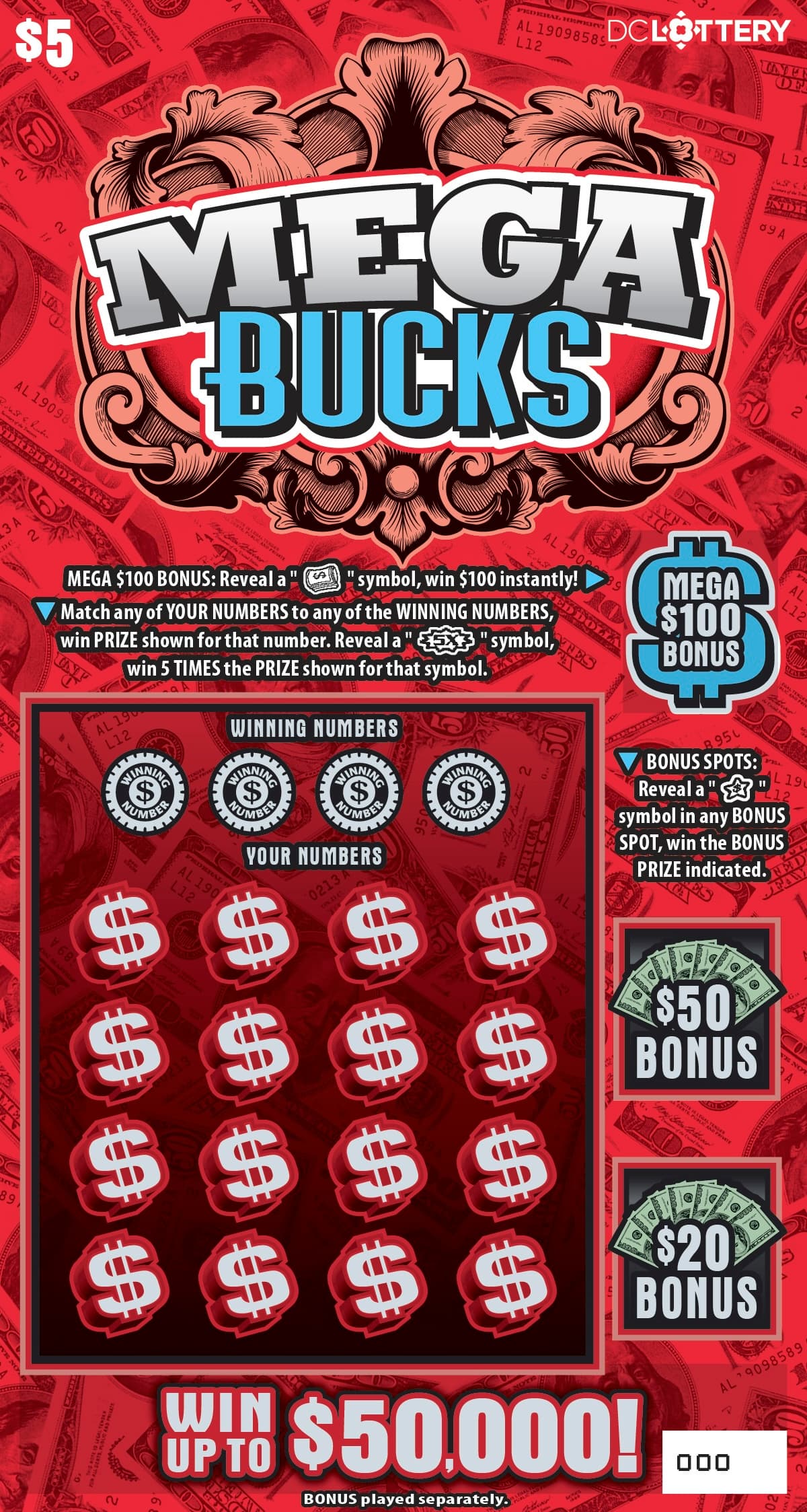 Mega Bucks District of Columbia Lottery scratch-off ticket art