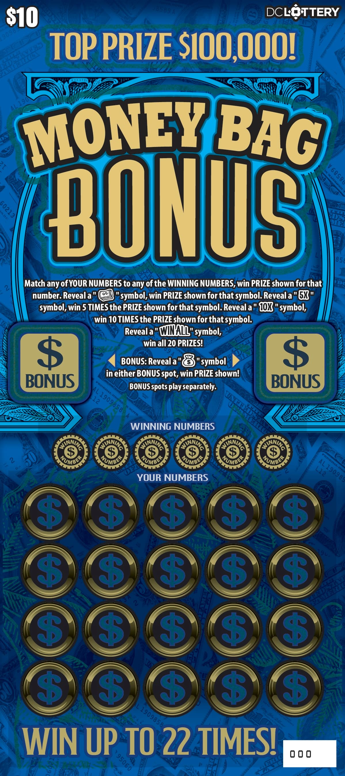 Money Bag Bonus District of Columbia Lottery scratch-off ticket art