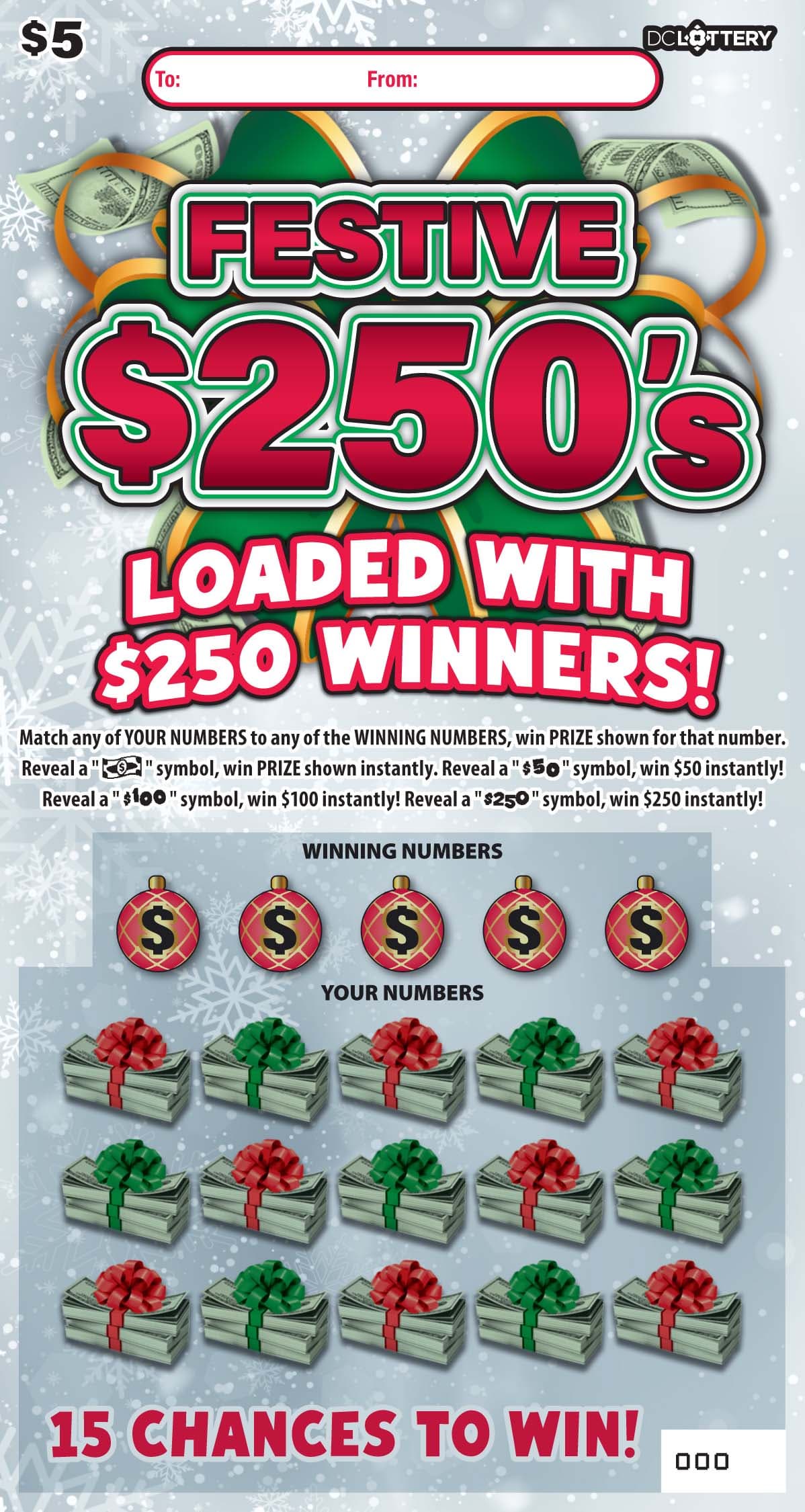 Festive $250's District of Columbia Lottery scratch-off ticket