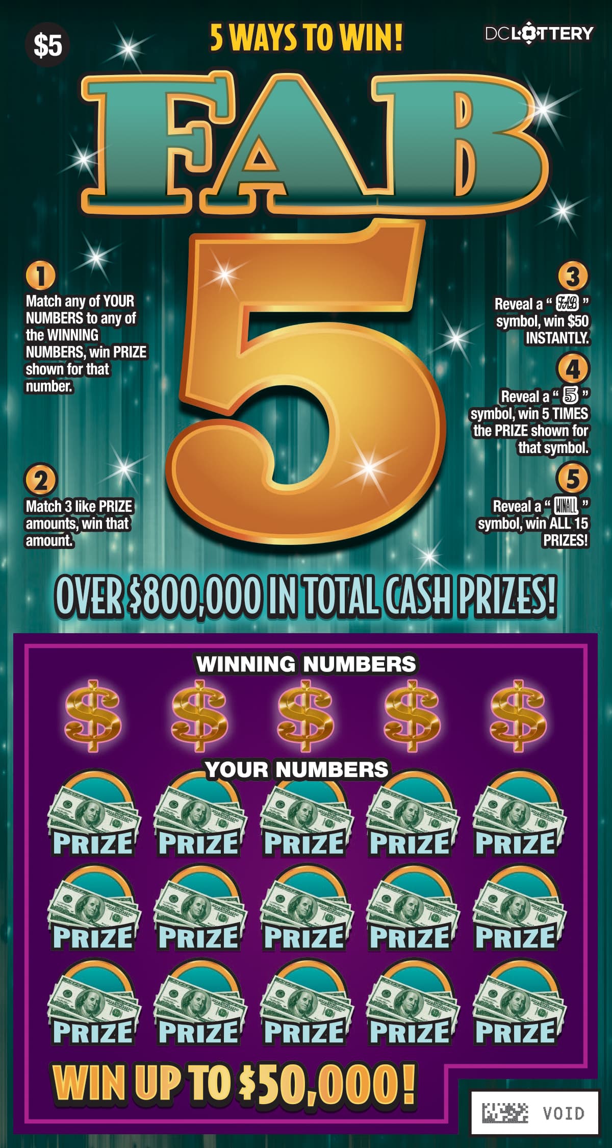 Fab 5 District of Columbia Lottery scratch-off ticket art