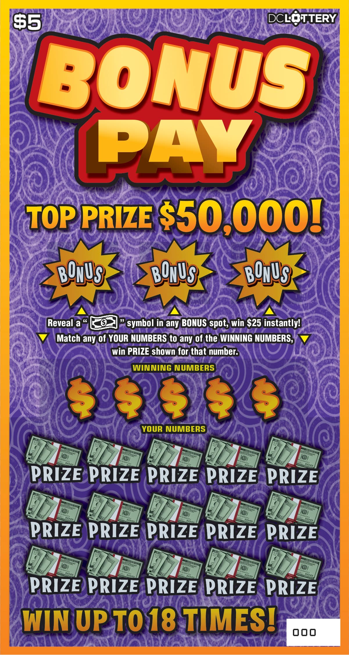 Bonus Pay District of Columbia Lottery scratch-off ticket art