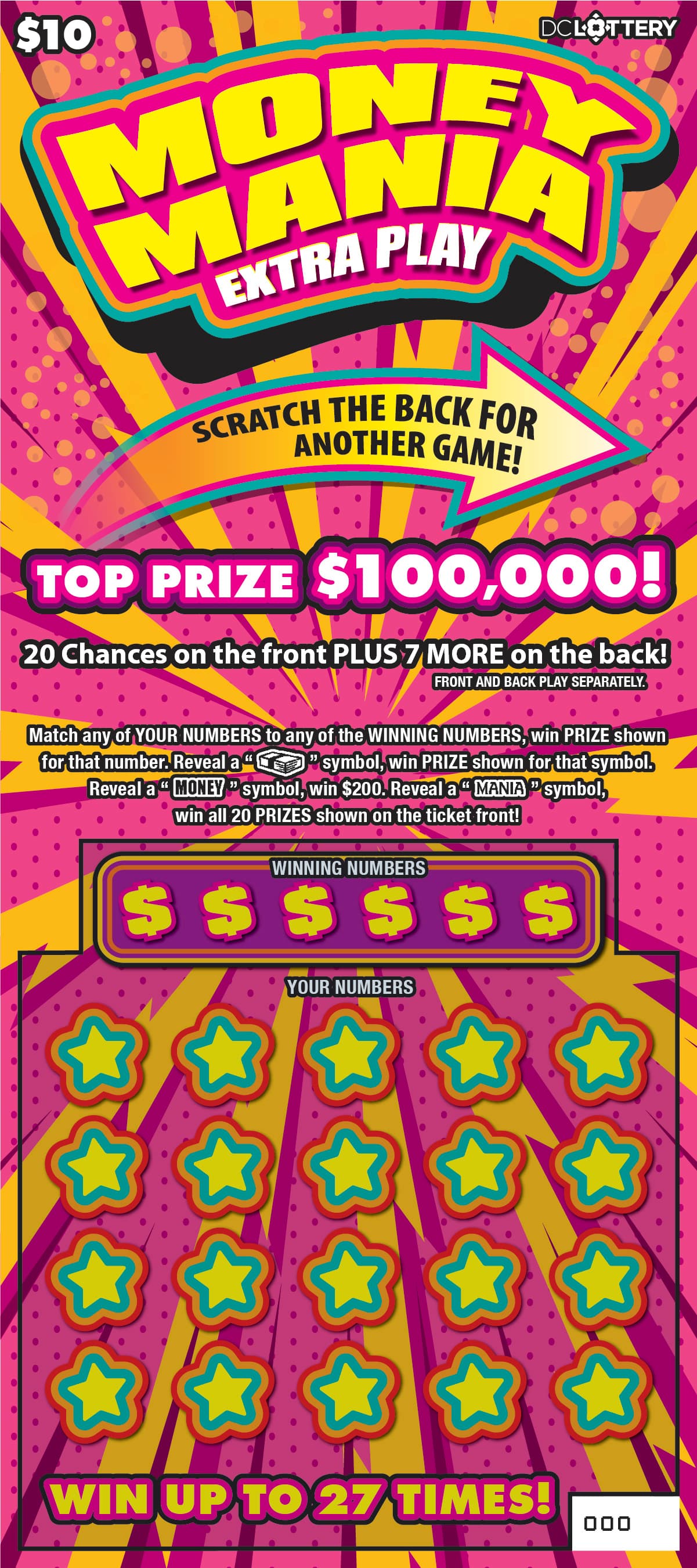 Money Mania District of Columbia Lottery scratch-off ticket art